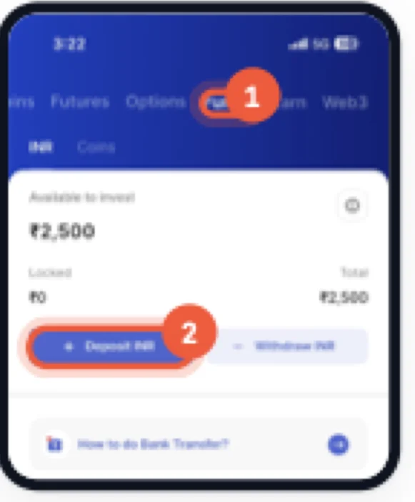CoinDCX Funds tab with the Deposit INR button highlighted