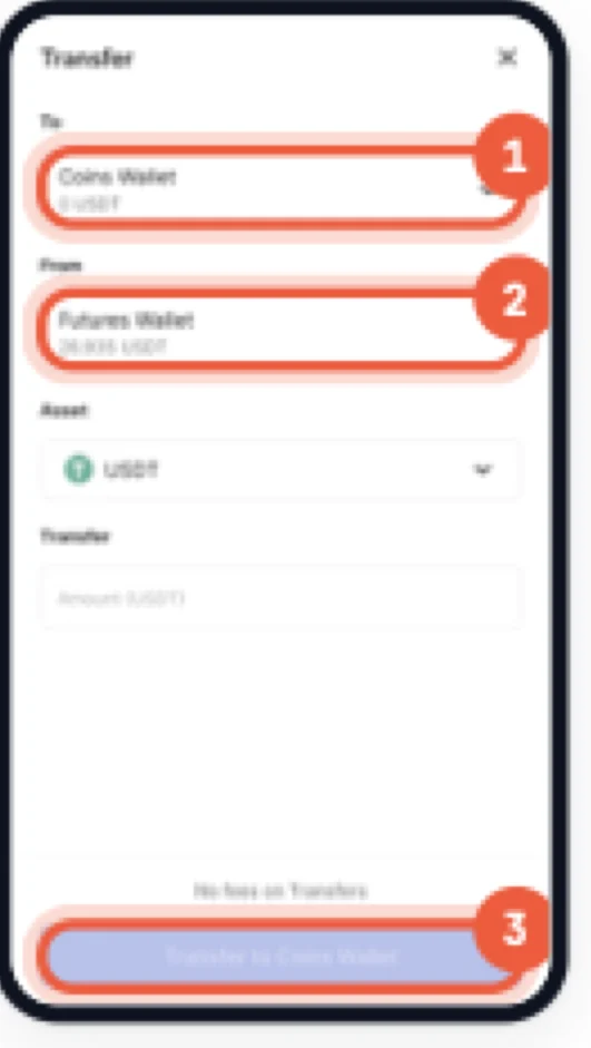 CoinDCX Transfer sheet moving USDT from Futures back to Coins Wallet
