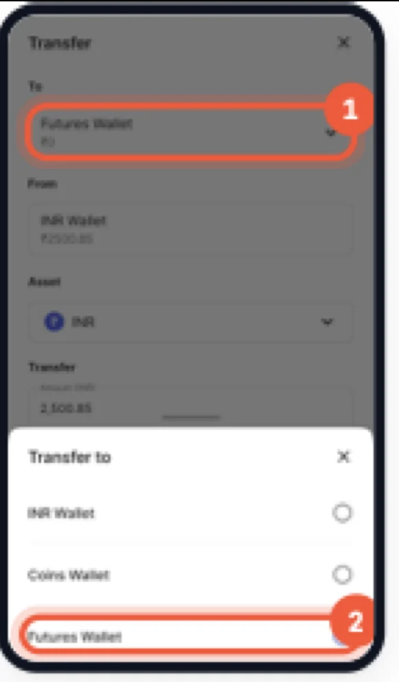 CoinDCX Transfer sheet with Futures Wallet chosen as the destination
